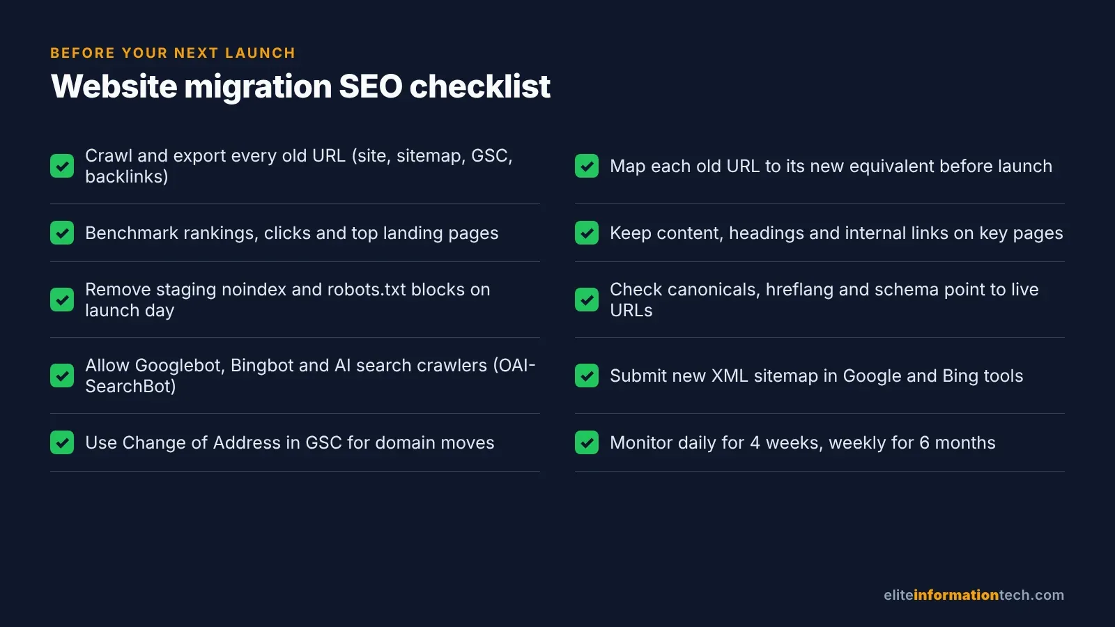 Website migration SEO checklist with ten tasks including URL mapping, removing staging noindex, submitting sitemaps and allowing AI search crawlers