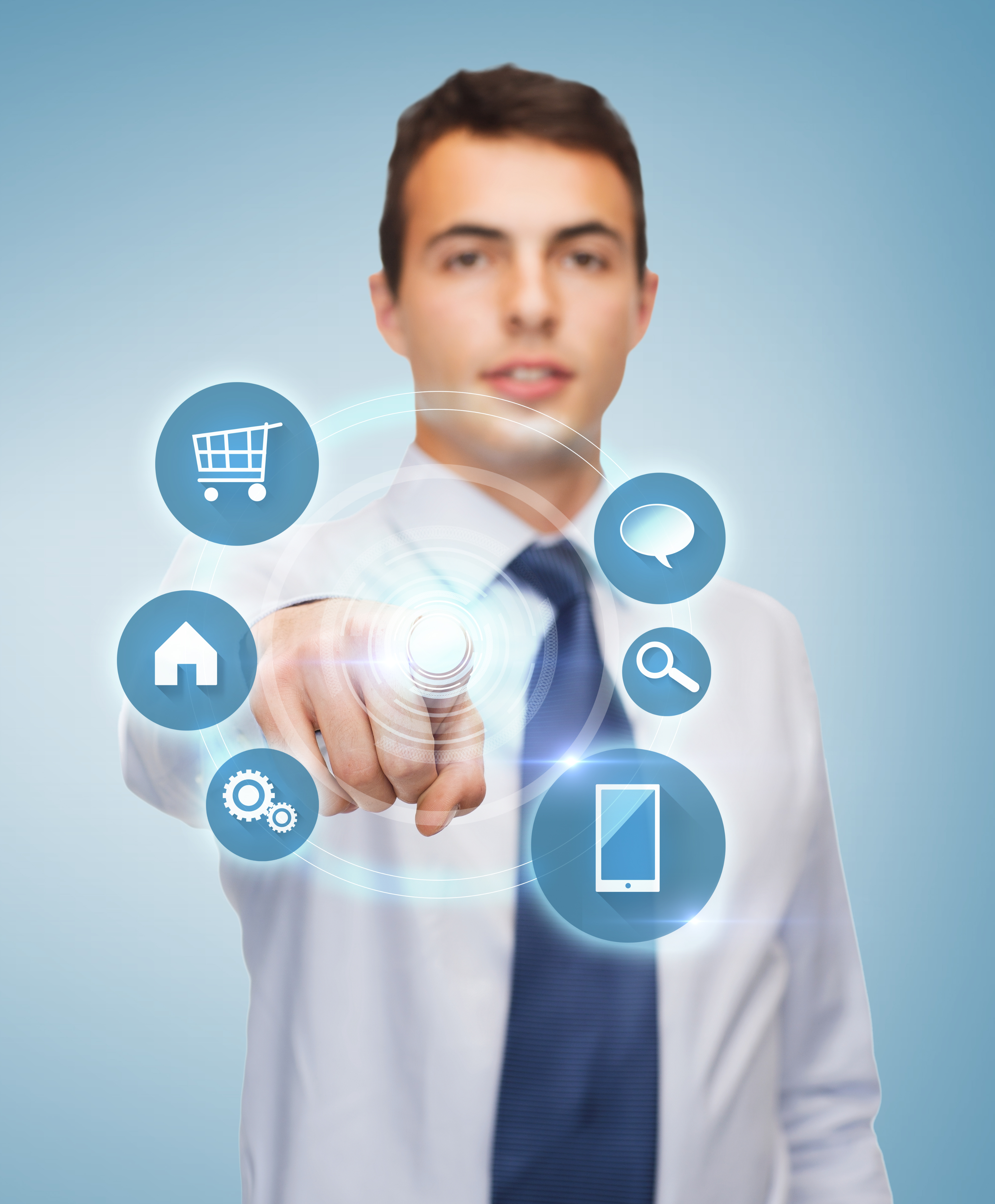Digital marketing specialist interacting with floating app icons