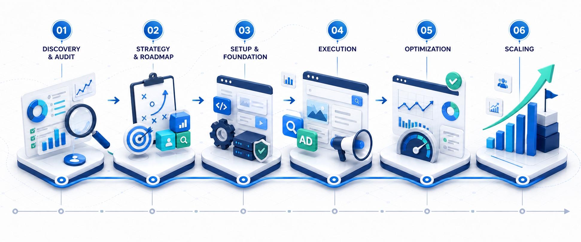 Six-phase digital marketing engagement from discovery and strategy through execution, optimization, and scaling