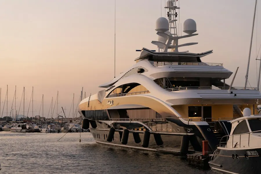 Yacht docked at night