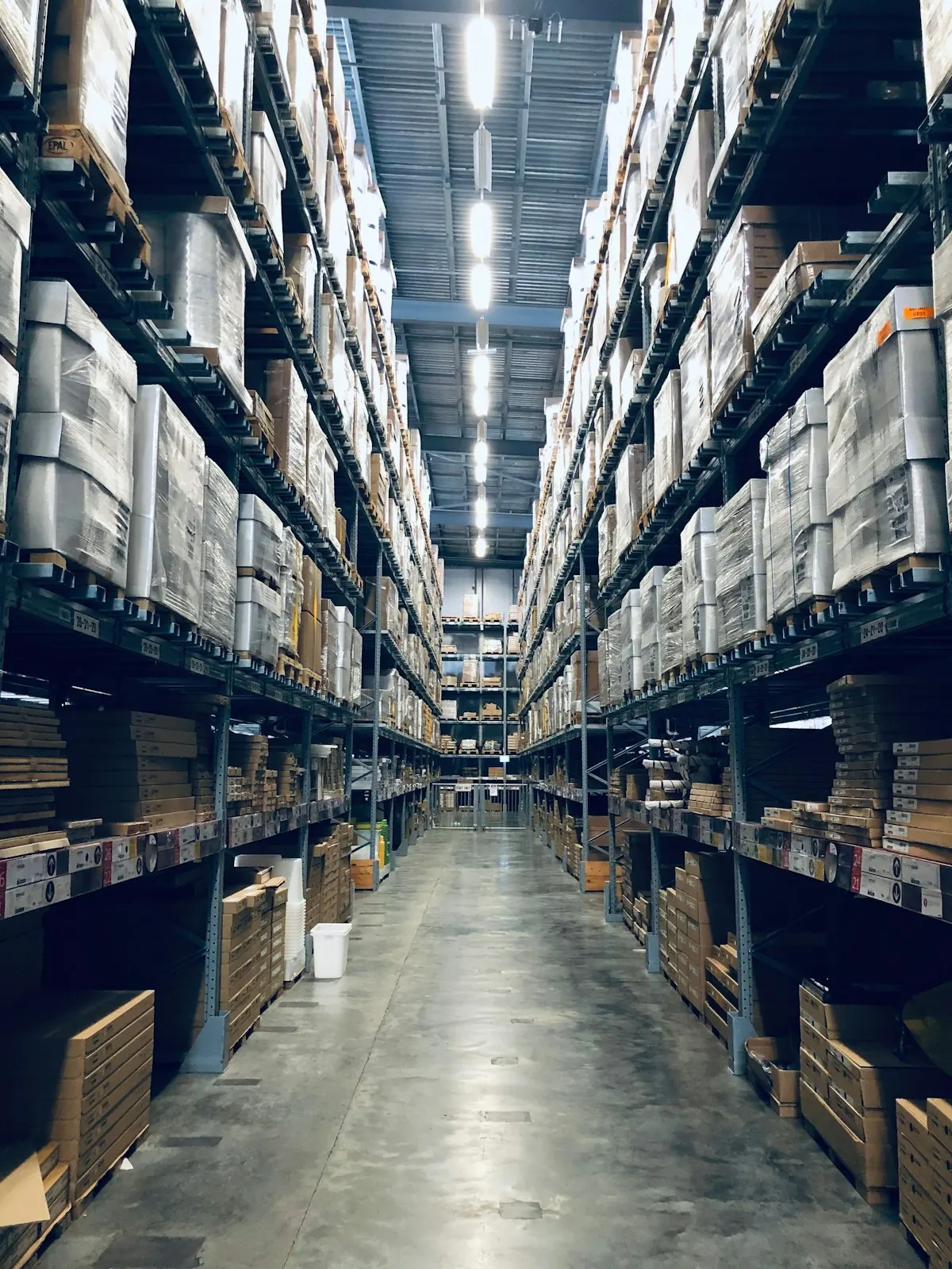Large distribution warehouse with tall stocked racking