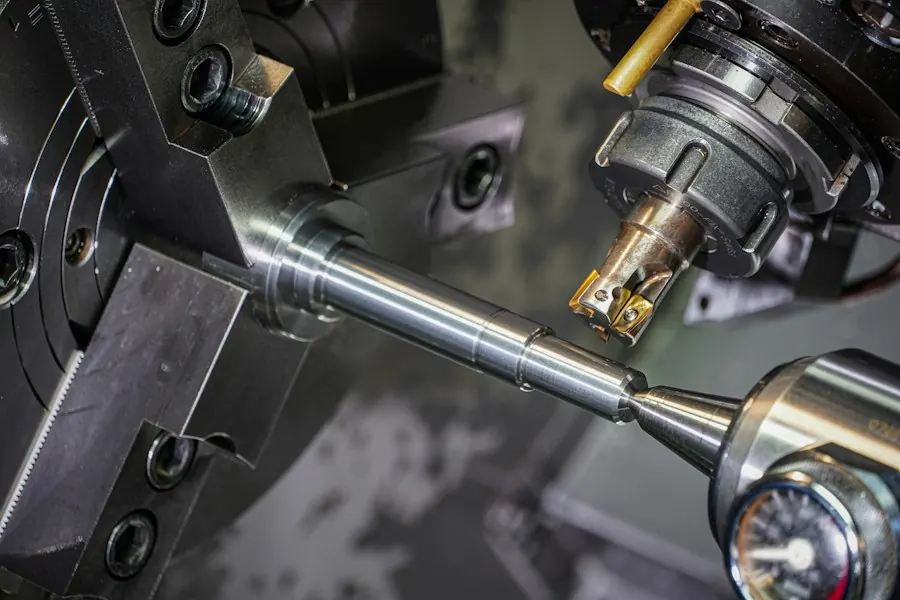 Metal part being machined in a lathe