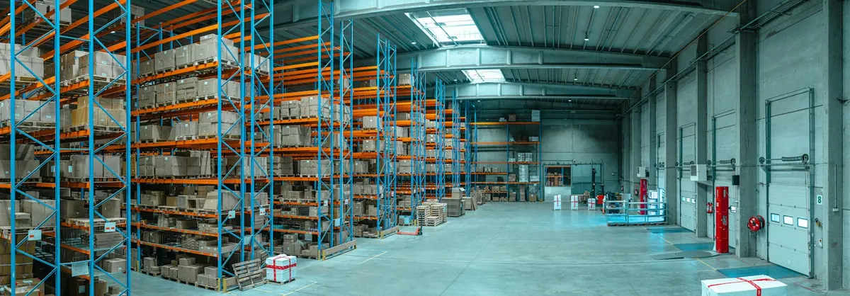 Tall blue shelving units filled with boxes in a large warehouse
