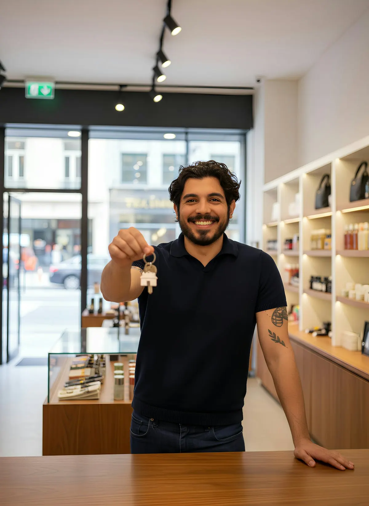 Business owner holding keys inside a retail store