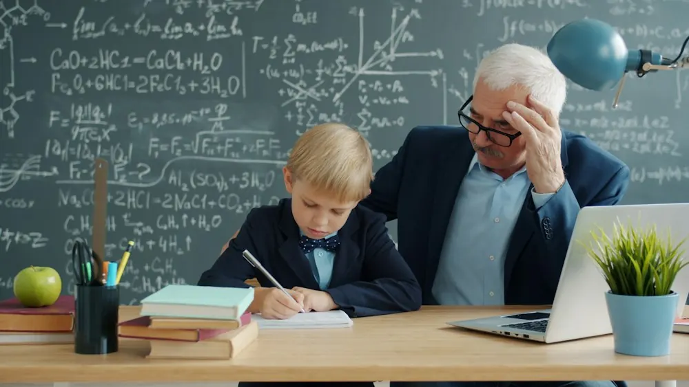 Teacher helping a young student with math at a desk