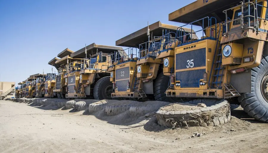 Row of large yellow trucks parked side by side on a dealer lot
