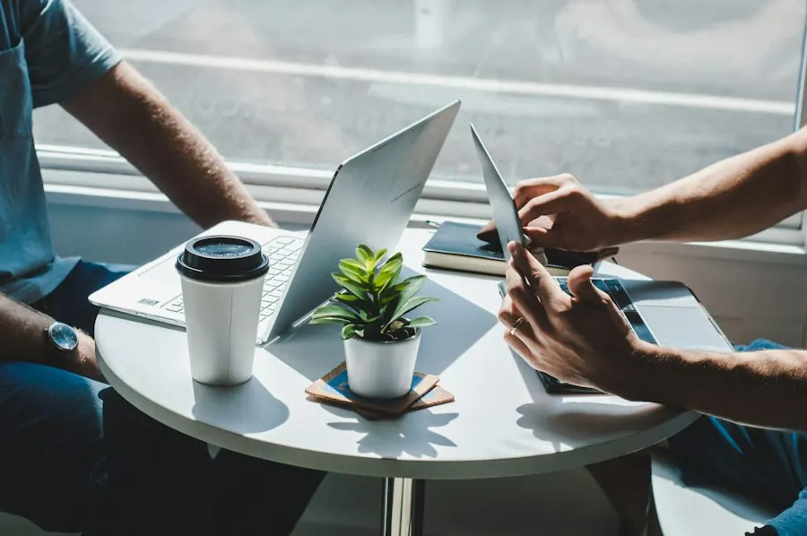 Coffee meeting with a laptop
