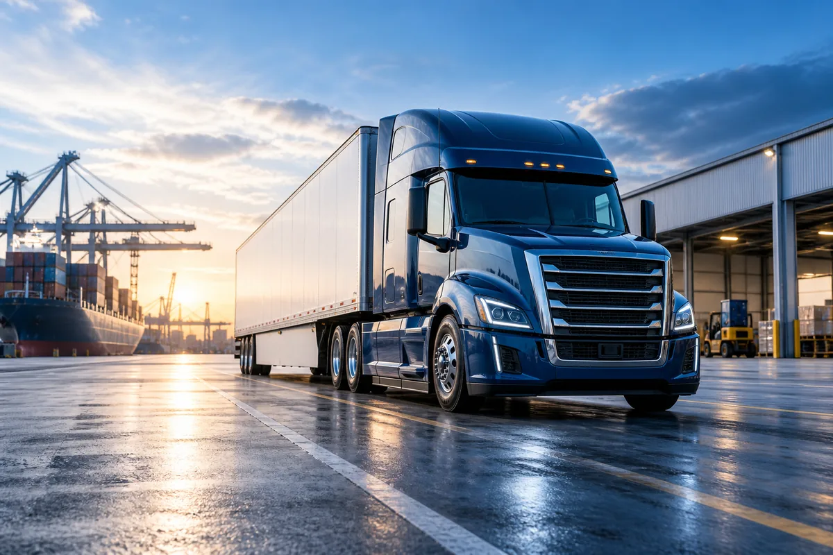 Commercial truck and trailer at a freight terminal