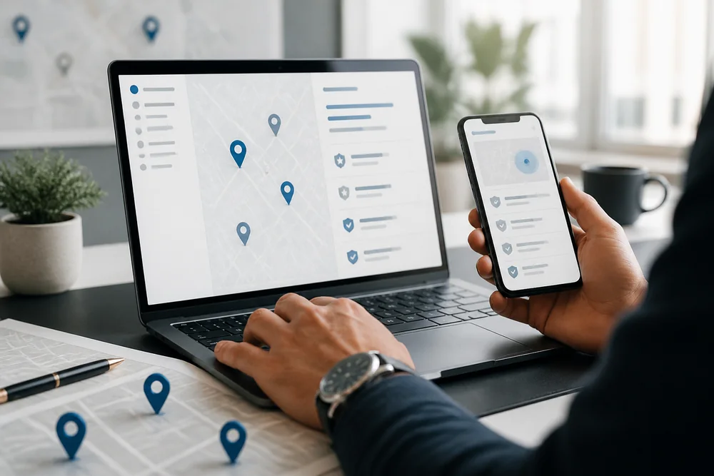 Strategist reviewing local and AI search visibility across devices