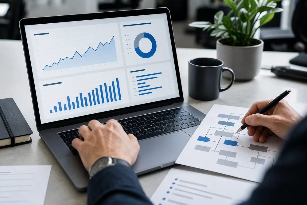 SEO specialist reviewing organic growth data and a content map
