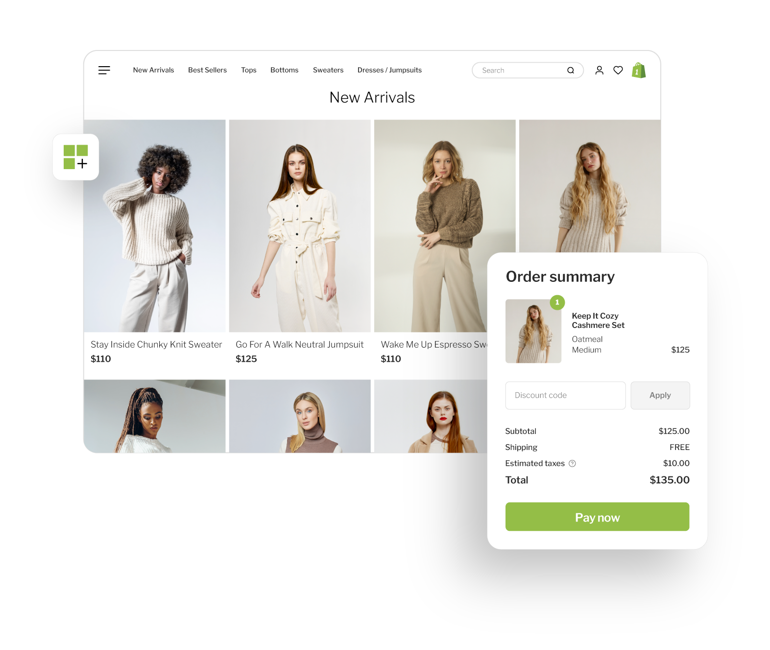 Shopify store development graphic showing a fashion ecommerce storefront and order summary