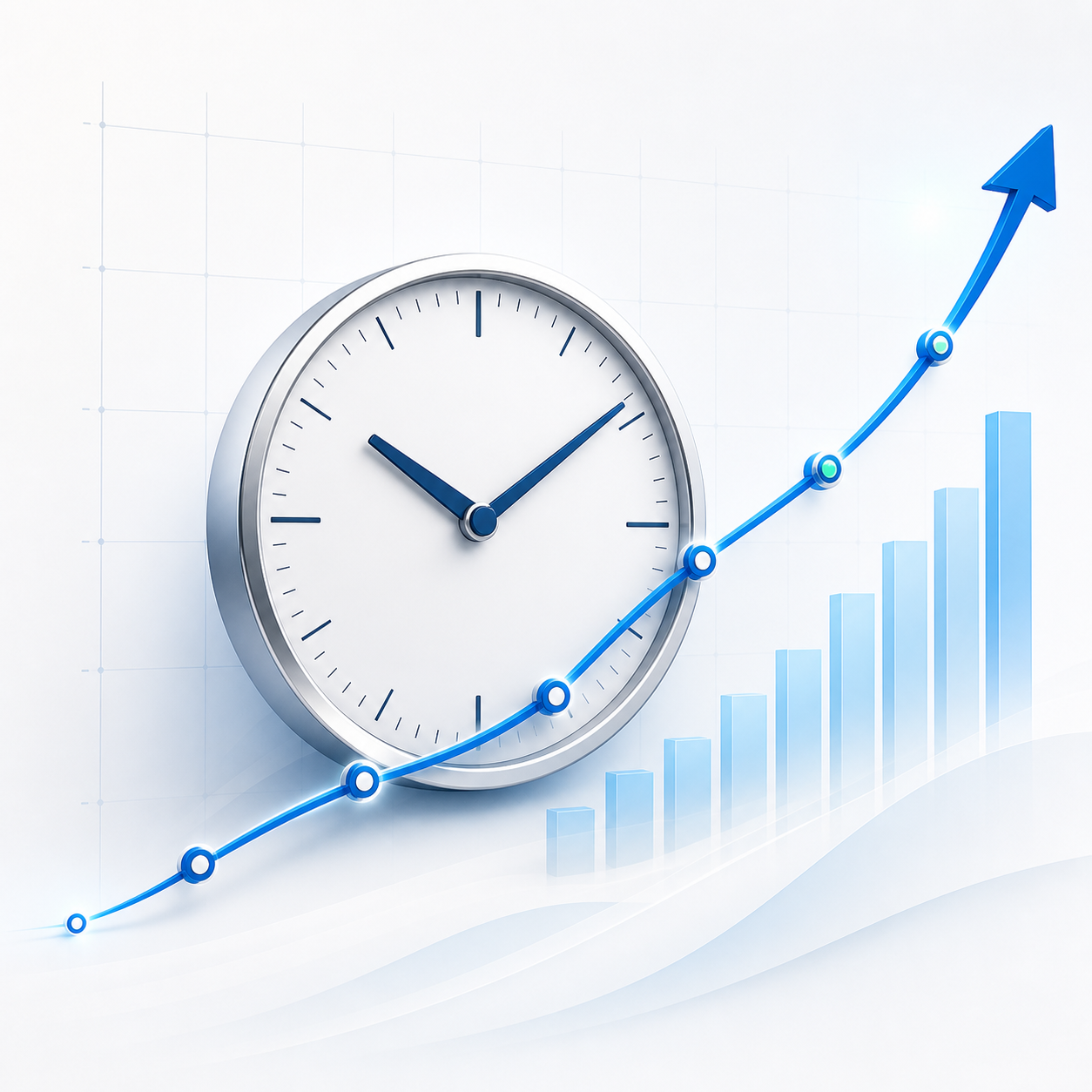 A clock, milestone graph and rising bars representing years of steady growth